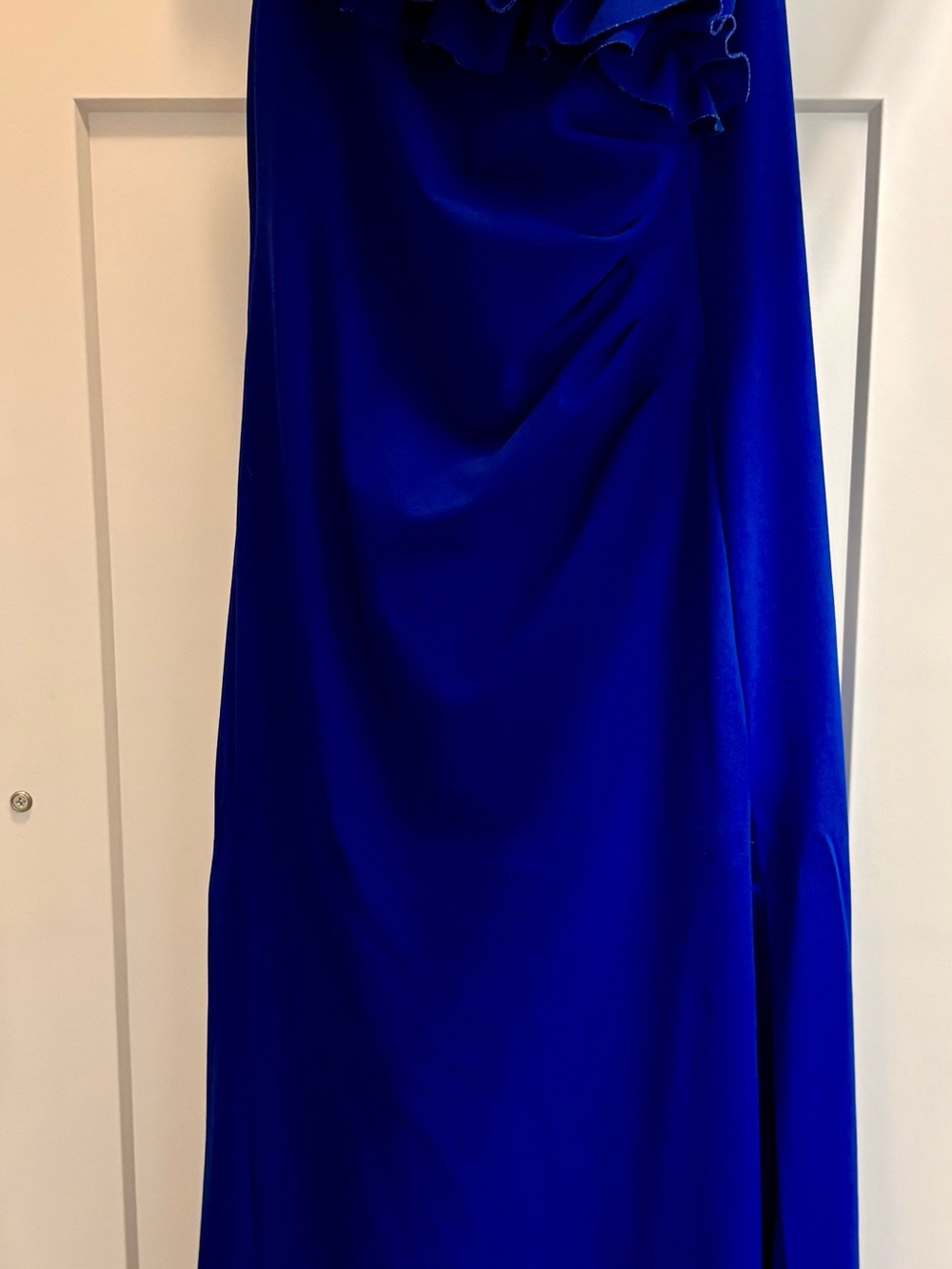 Xscape Cobalt Blue Ruffle-Detail Maxi Gown